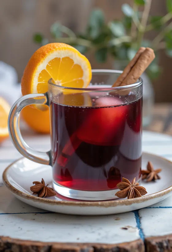 Krydret gløgg med kanel i krus, pyntet med kanelstang og appelsinskive