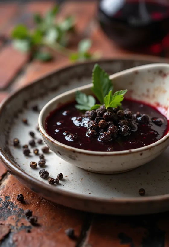 Rødvinssaus med sort pepper servert