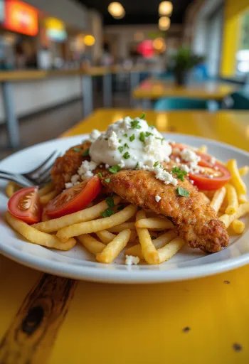 Gyros-tallerken med stekt kylling, friske grønnsaker, tzatziki og pommes frites