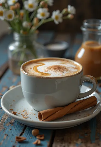 Karamell chai latte servert i glass med krydder
