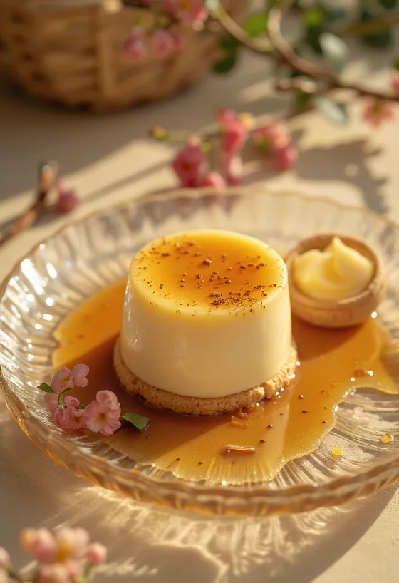 Karamell panna cotta-kake servert i stykker