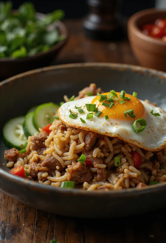 Nasi Goreng servert med biff og speilegg