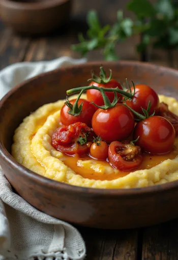 Polenta med bakte tomater, dryppet med hvitløksolje, servert