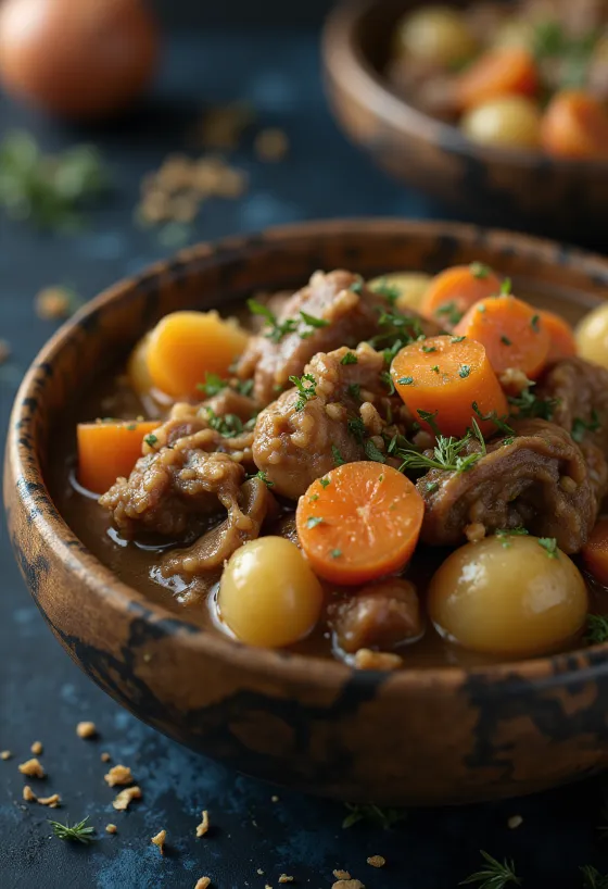 Squirrel stew servert i en rustikk skål med ferskt brød.