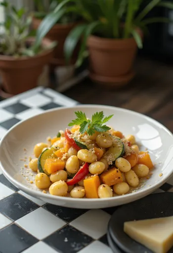 Gnocchi med gresskar og grønnsaker servert