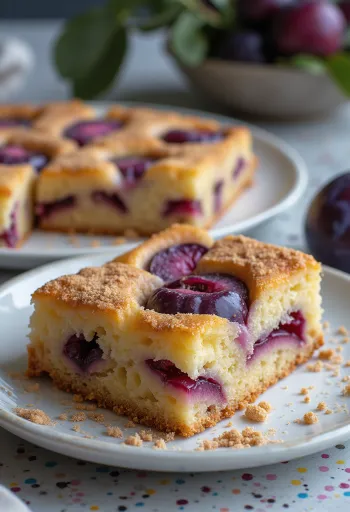 Frisk plommekake med sprø deig og modne plommeskiver