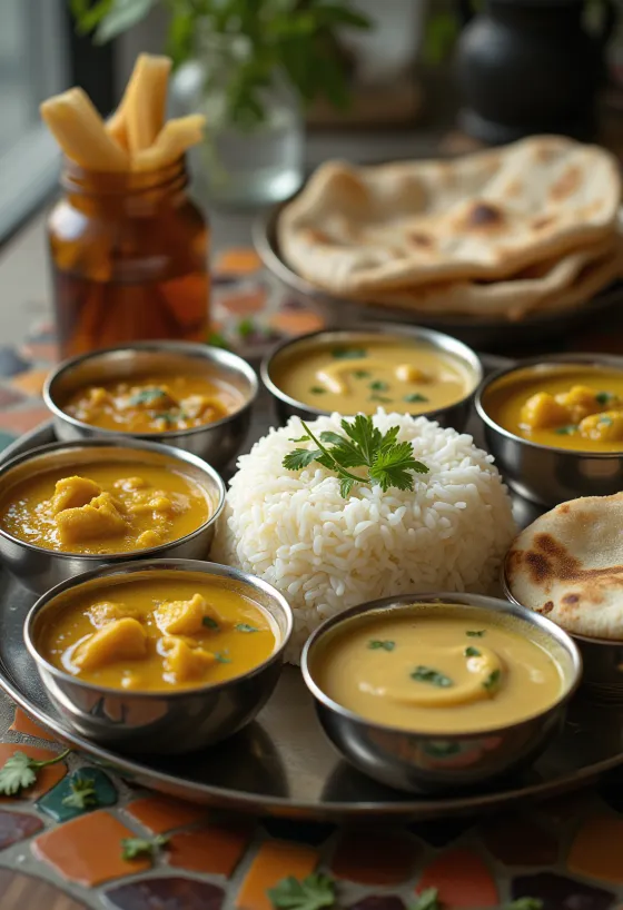 Thali i Maharashtra-stil med fersk koriander og chiliskiver