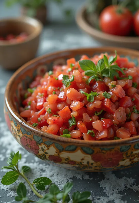 Ezme tomatsaus servert med ferskt tyrkisk brød