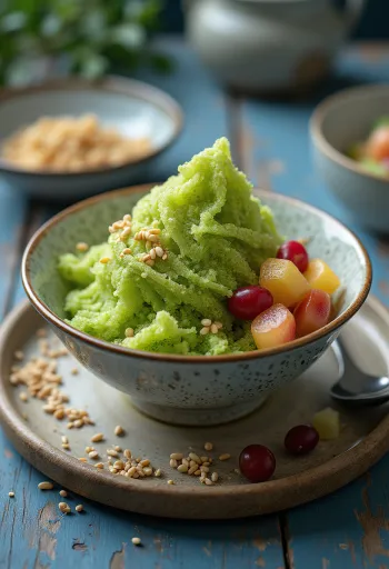 Bingsu med grønn te, koreansk isdessert med matchapulver, fersk frukt og ristet sesam