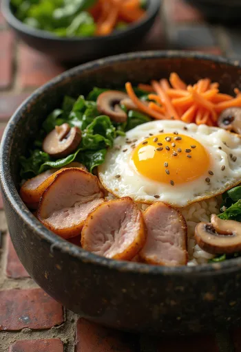 Bibimbap med svinekjøtt servert i en bolle