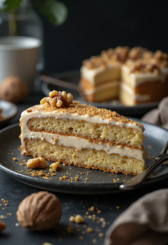 Valnøttkake med krem servert