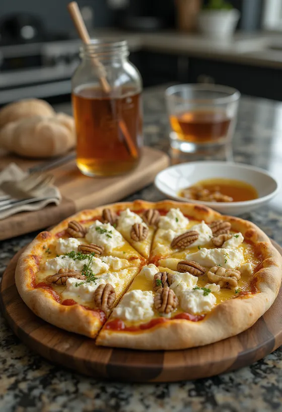 Nygrillet pizza med geitost, honning og valnøtter