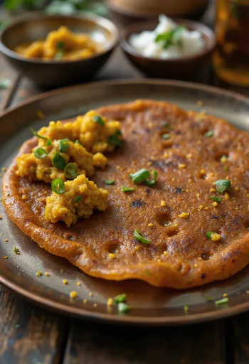 Ragi dosa fersk, stekt sprø, servert med krydret fyll og revet kokos