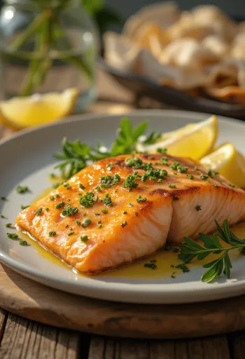 Bakt laksefilet, med sprøtt skinn og pyntet med sitronskiver