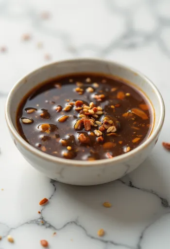 Sesam-, chili- og ingefærsaus servert.