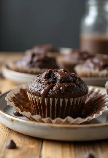 Sjokolademuffins stekt gyllenbrune, servert med sjokoladebiter