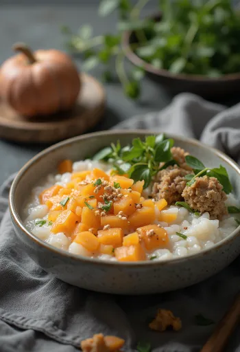 Congee med søtpotet, kinesisk risgrøt med søtpotet, ingefær og hvitløk