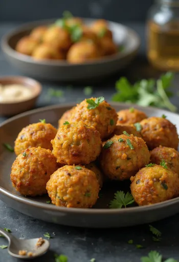 Falafel med sprø gyllenbrun utside, drysset med ferske urter