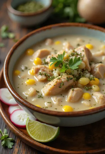 Pozole blanco servert med svinekjøtt, lime, rømme og frisk koriander