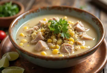 Pozole blanco servert med svinekjøtt, lime, rømme og frisk koriander