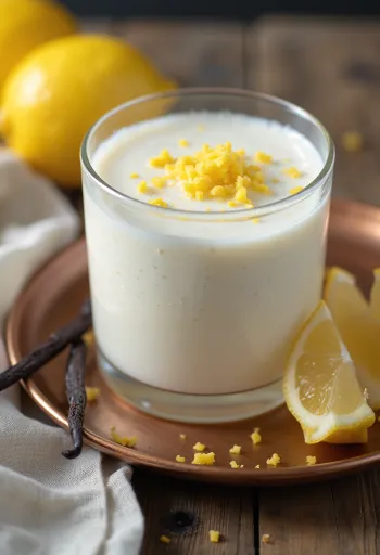 Probiotisk kefir med kesam i glass, pyntet med sitronskall
