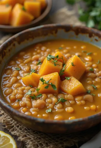 Linse- og gresskarsuppe servert