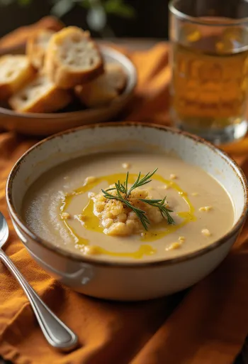Açorda suppe servert med olivenolje og hvitløk, pyntet med frisk persille