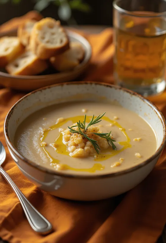 Açorda suppe servert med olivenolje og hvitløk, pyntet med frisk persille