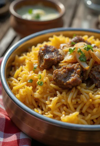 Biryani med geitekjøtt, indisk krydret risrett