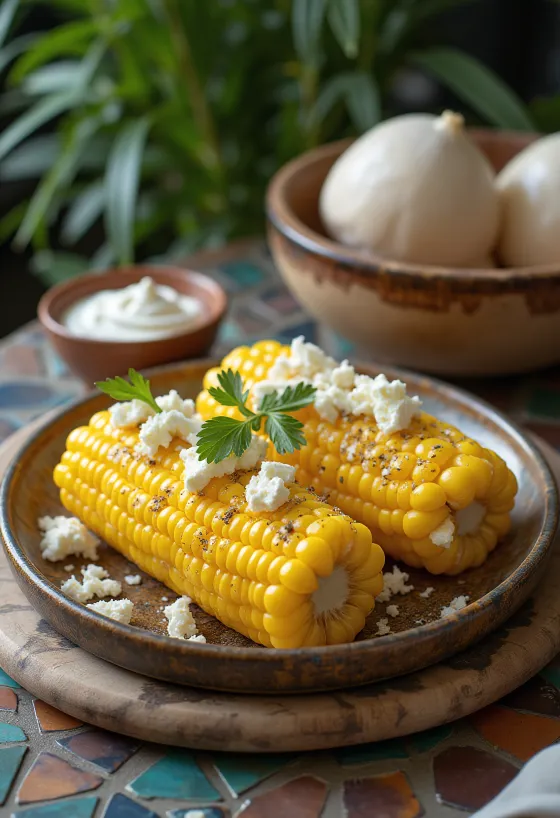 Elote med fetaost – fersk mais servert med fetaost, rømme og krydret paprika
