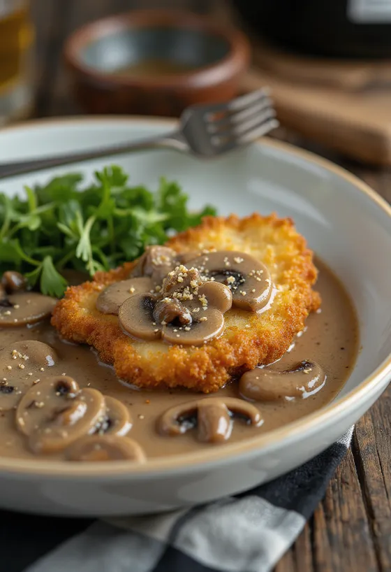 Jägerschnitzel servert med soppsaus og persille