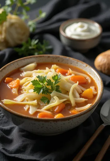 Dampende kålsuppe rik på grønnsaker og krydder, pyntet med frisk dill.