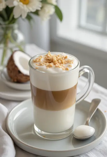Nylaget kokosmelk-latte i høyt glass