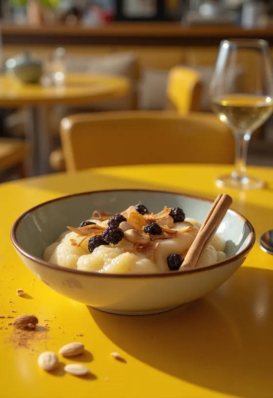 Malida med rosiner, semulegrynsdessert, gyllenbrun farge, med rik fløte og mandler.