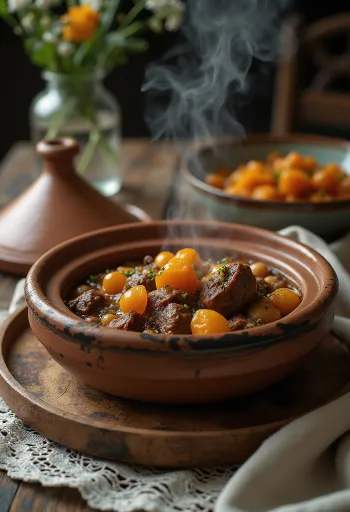 Marokkansk tagine servert i leirgryte, pyntet med rike krydder og fargerike grønnsaker.