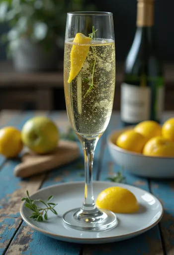 Italiensk prosecco-cider i glass pyntet med rosmarinkvist