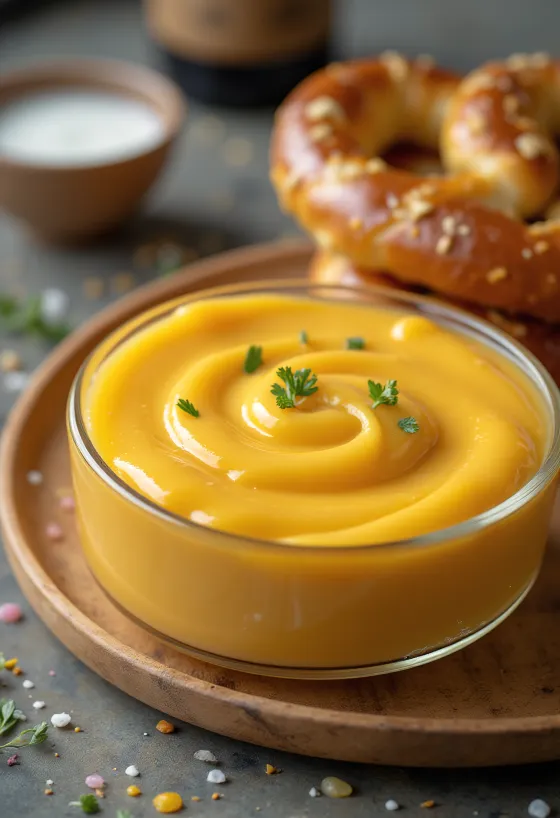 Øl- og cheddarostsaus i en skål, pyntet med frisk persille, ved siden av nachos.