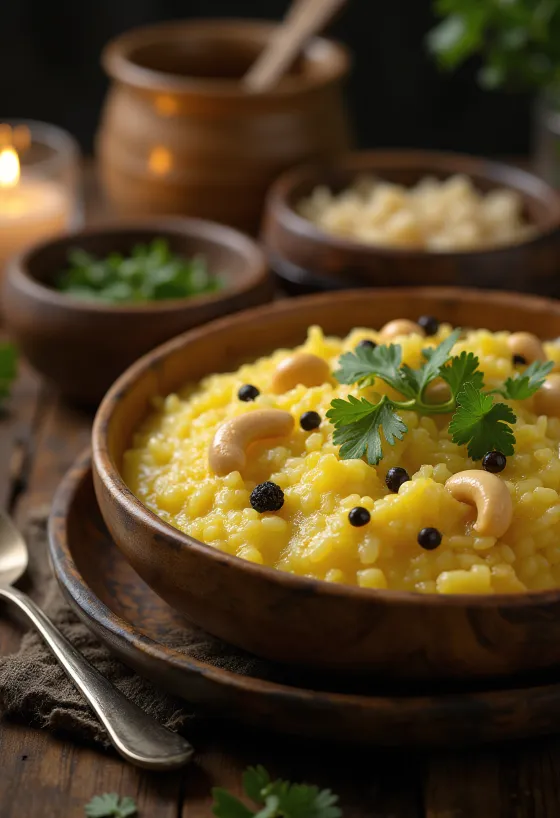 Tirupati Pongal servert med frisk koriander og peanøtter