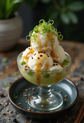 Sundae med vårløk, vaniljeis, sesamfrø og soyasaus