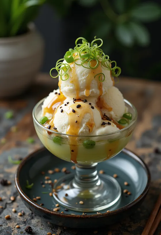 Sundae med vårløk, vaniljeis, sesamfrø og soyasaus