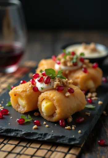 Badrijani med granateplekjerner, aubergineskiver pyntet med yoghurt og granateple