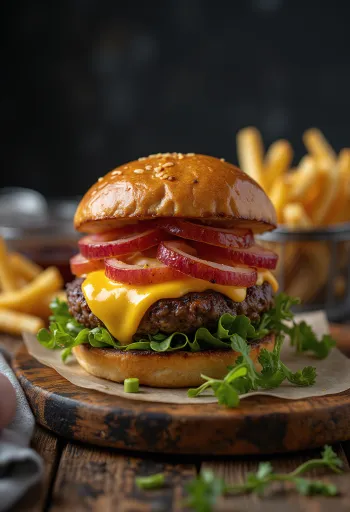 Bisonburger med smeltet ost og friske grønnsaker