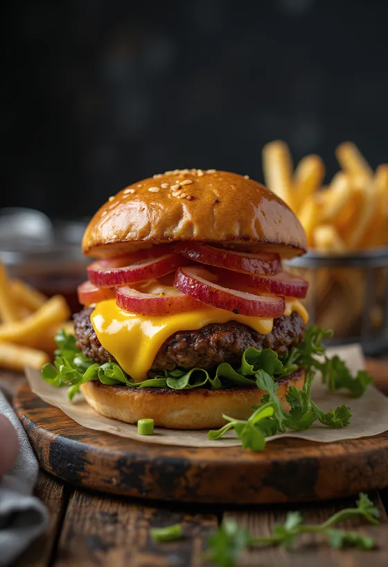 Bisonburger med smeltet ost og friske grønnsaker