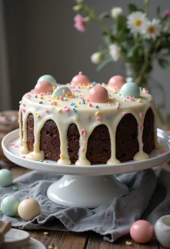 Mørk kake med lyse prikker og hvit krem