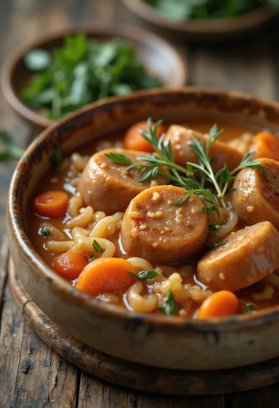 Falukorv servert med gulrøtter og løk