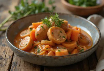 Falukorv servert med gulrøtter og løk