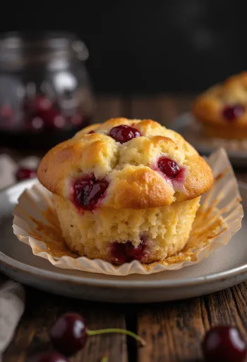 Ferske muffins med kirsebær stekt gyllenbrune, drysset med melis