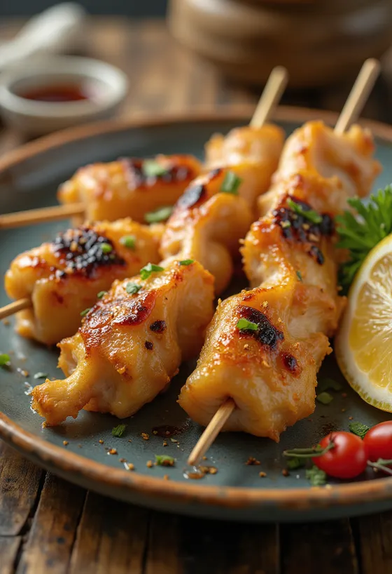 Nankotsu yakitori kyllingbrusk på spyd, servert med sesamfrø og frisk vårløk