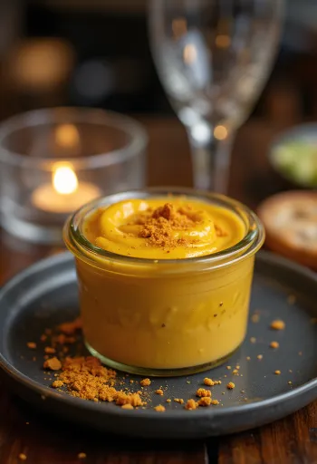 Øl-, chili- og sennepssaus i en skål, pyntet med frisk chili og sennepsfrø.