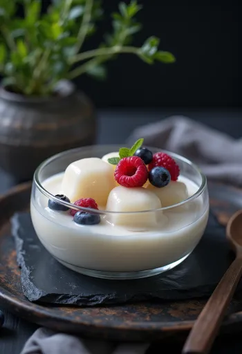 Warabi mochi servert med tofupudding og friske bær
